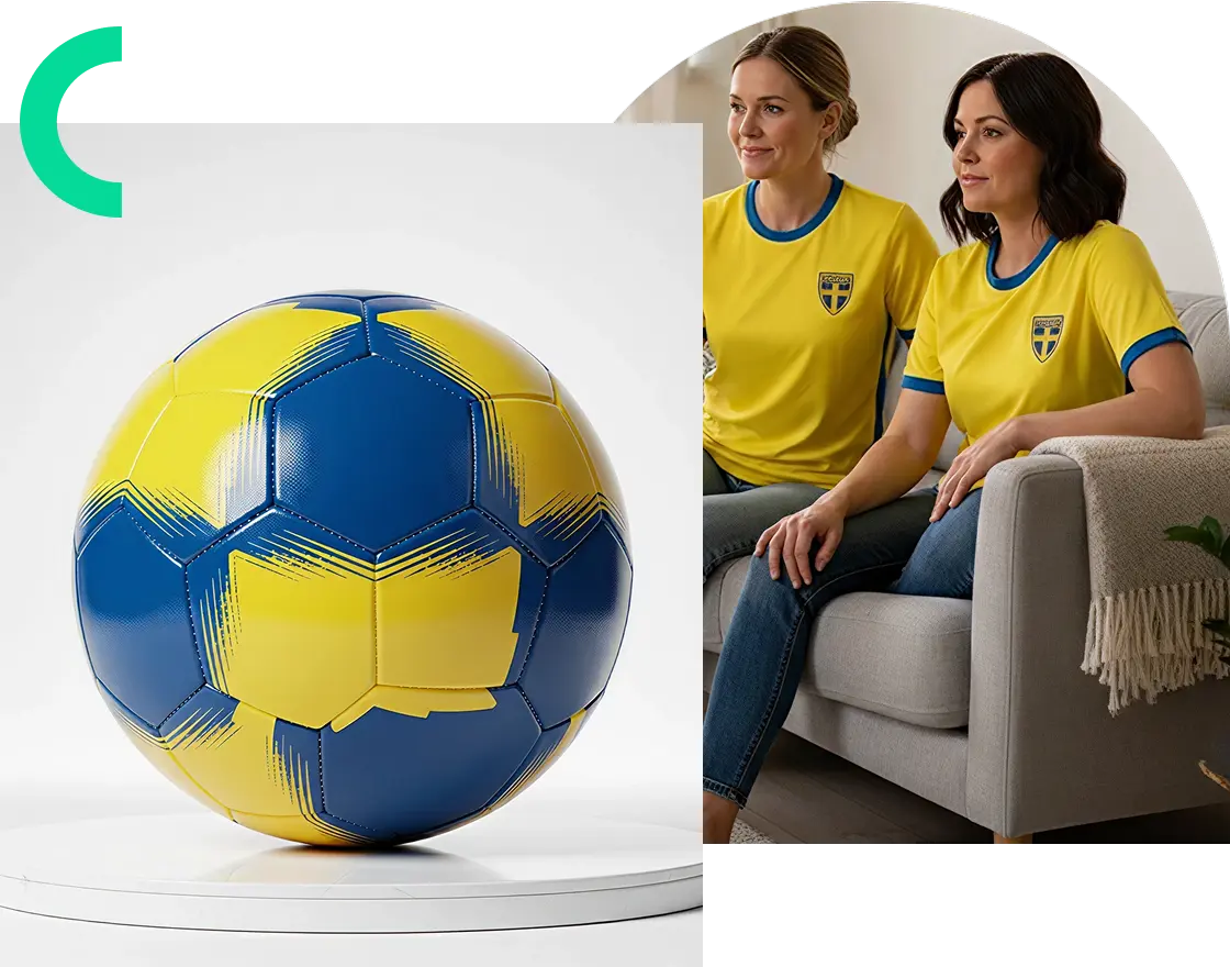 Fotboll i svenska f&auml;rger och tv&aring; kvinnor i gula Sverige-tr&ouml;jor som tittar p&aring; match.