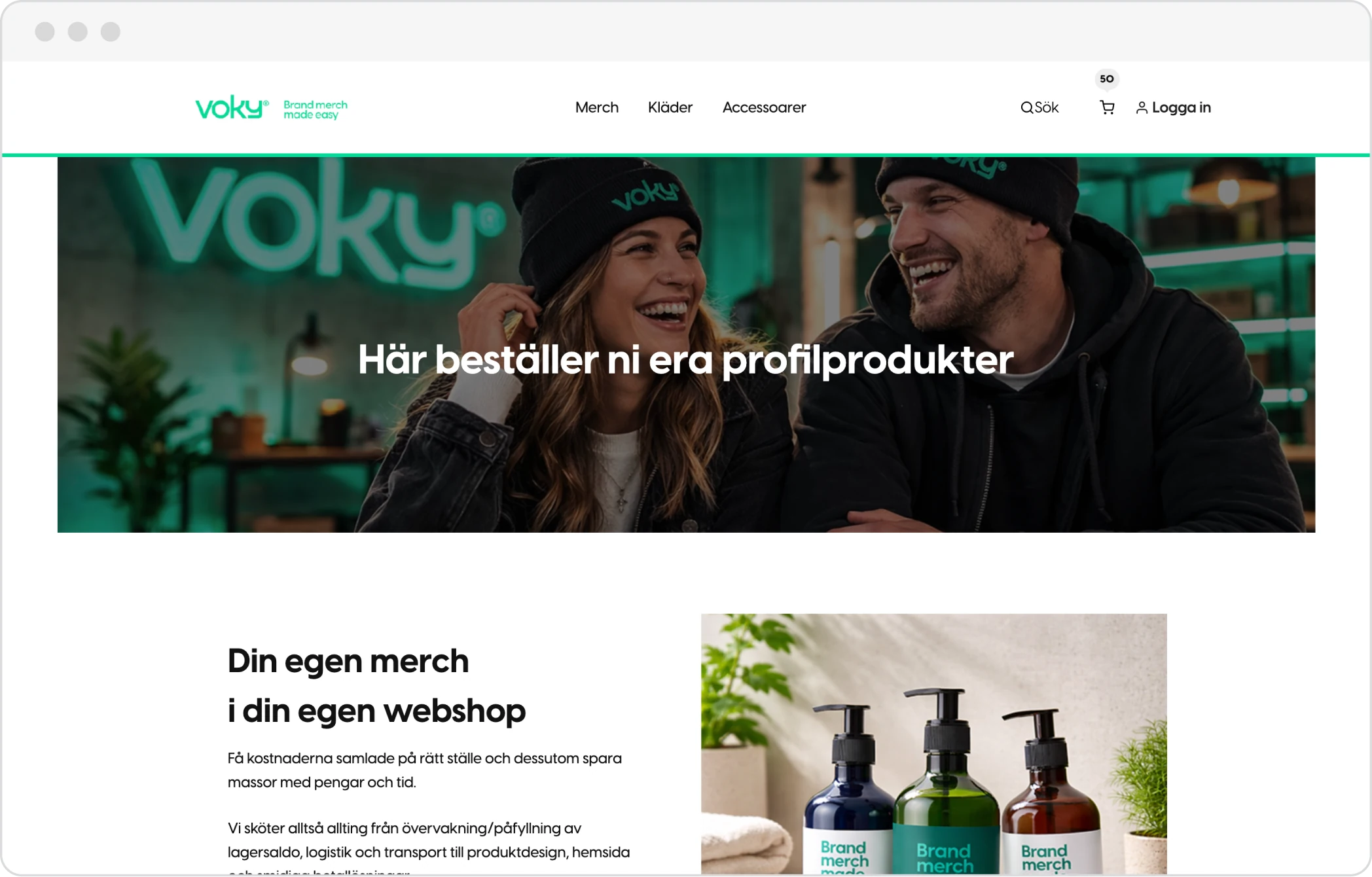 Startsidan i en webbshop med egen logotyp, bannerbild och navigering till sortimentet.