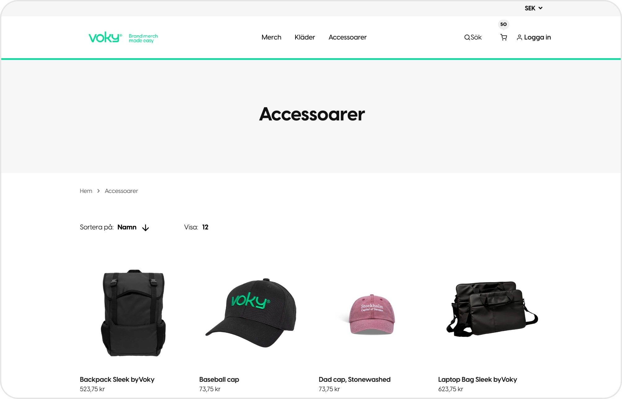 En kategorisida i en webbshop med egen logotyp, sorteringsval och produkter.