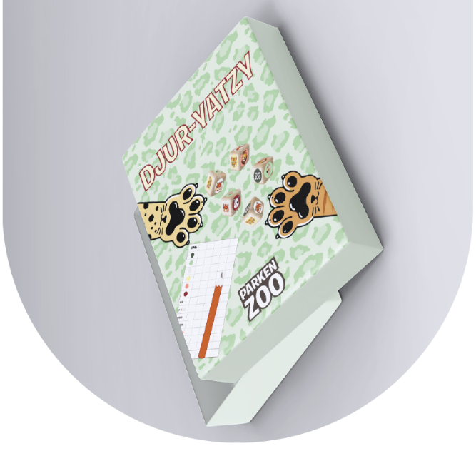 Djur-Yatzy-låda med tryck av kattassar, tärning och Parken Zoo-logga på locket